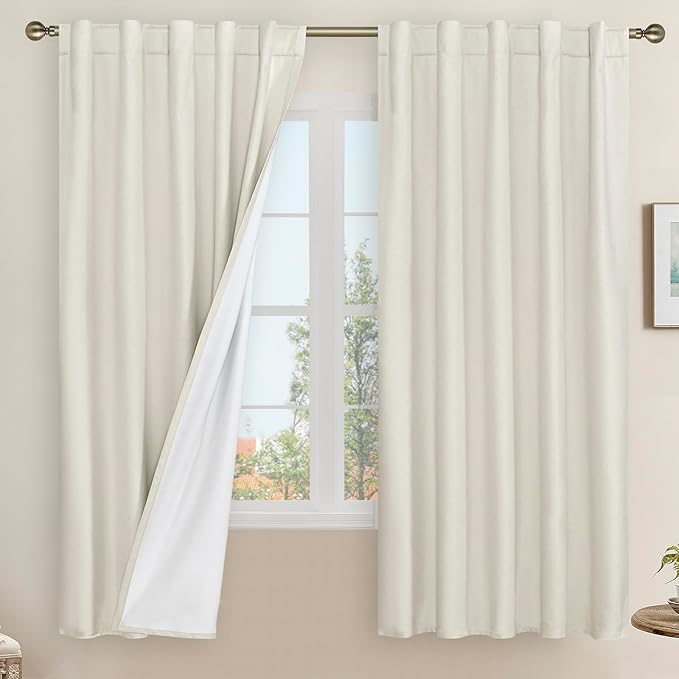 LAMIT Natural 100% Blackout Linen Curtains, 63 Inches Linen Textured Thermal by LAMIT
