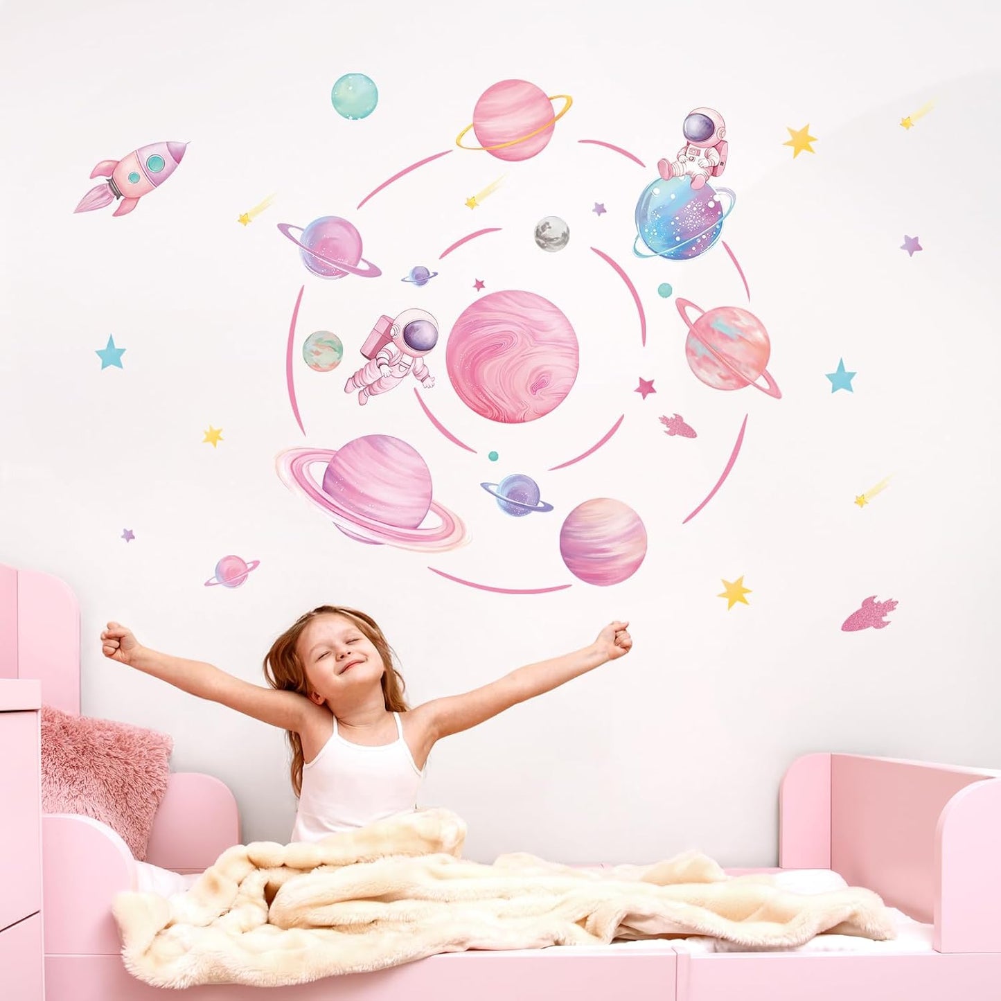 Pastel Pink Planet Orbits Wall Decals, Fantasy Outer Space Themed Wall Stickers with Rocket Astronaut and Stars for Kid's Bedroom, Nursery, Playoom, Peel and Stick Reusable