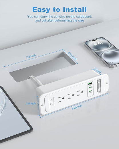 Recessed Power Strip with Retractable USB C Cable, 2 PD 20W USB C, Flush Mount - Image 6