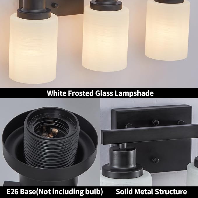 DIKAIDA 3-Light Bathroom Light Fixtures Over Mirror, Modern Matte Black Vanity - Image 4