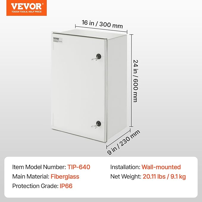 VEVOR Fiberglass Enclosure 23.6 x 15.7 x 9.1 Electrical Enclosure Box NEMA 3X - Image 7