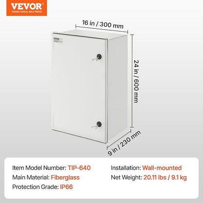 VEVOR Fiberglass Enclosure 23.6 x 15.7 x 9.1 Electrical Enclosure Box NEMA 3X - Image 7