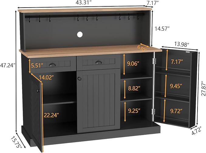 Sideboard Buffet Cabinet with 2 Drawers, Farmhouse Kitchen Pantry with - Image 2