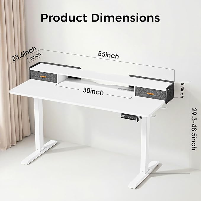 Electric Standing Desk with Drawers, 55 Inch Height Adjustable Desk with Power - Image 2