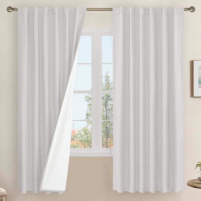 LAMIT 100% Blackout Natural Linen Curtains, 68 Inches Linen Textured Thermal by LAMIT
