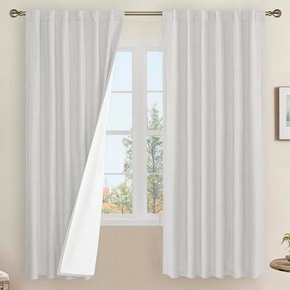 LAMIT 100% Blackout Natural Linen Curtains, 68 Inches Linen Textured Thermal by LAMIT