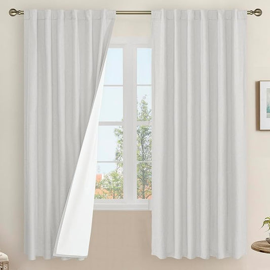 LAMIT 100% Blackout Natural Linen Curtains, 68 Inches Linen Textured Thermal by LAMIT