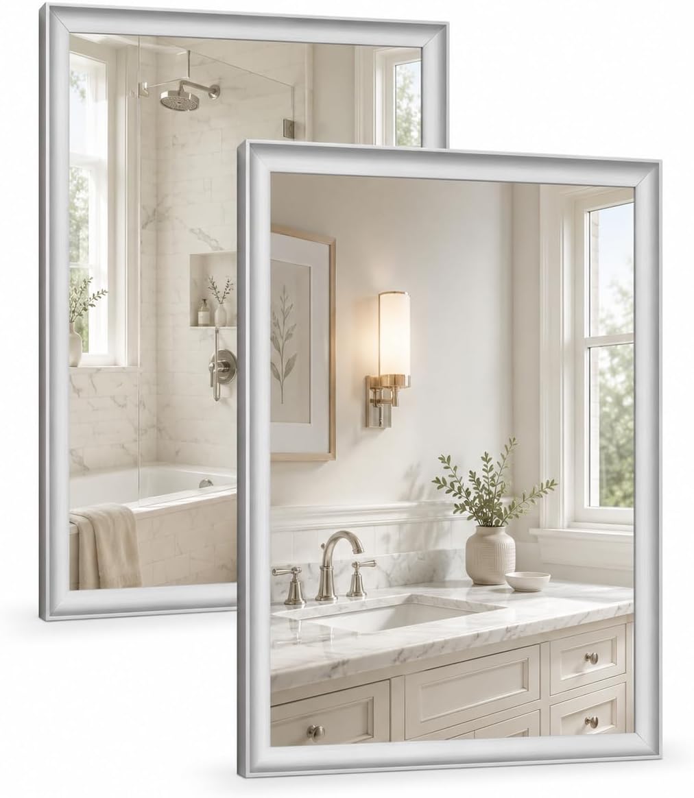 2 Pack Brushed Nickel Bathroom Mirrors 24x36 Inch | Silver Rectangle Vanity Mirror for Bedroom, Entryway, Living Room Decor, Aluminum Framed, Curved Wide Edge, Anti-Rust
