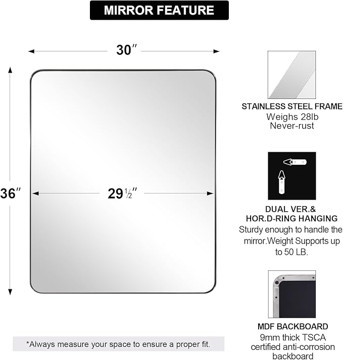 ANDY STAR Chrome Mirror for Bathroom, 30x36 Metal Frame Wall Mirror - Image 2