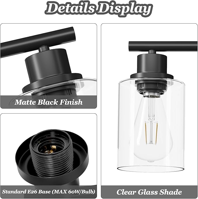 Guliaofo 5-Light Black Bathroom Vanity Lights, E26 Modern Bathroom Light - Image 3