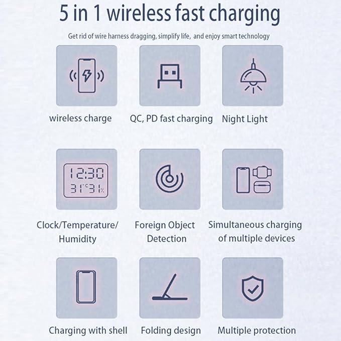 IHAO 5in1 Multi Functional Wireless Charging Station Digital Clock 15W Fast - Image 8