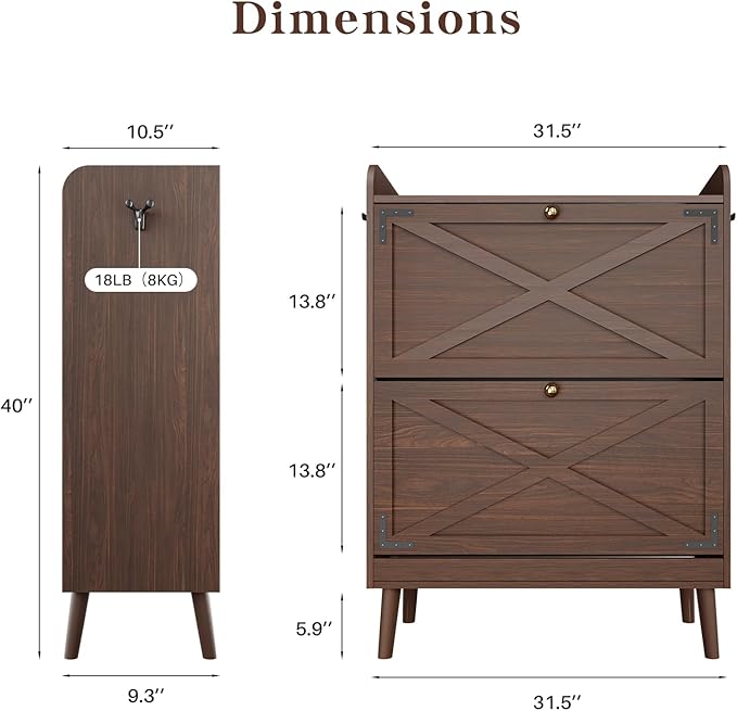 Shoe Storage Cabinet with 2 Flip Drawers & Adjustable Shelves, Narrow Shoe - Image 2