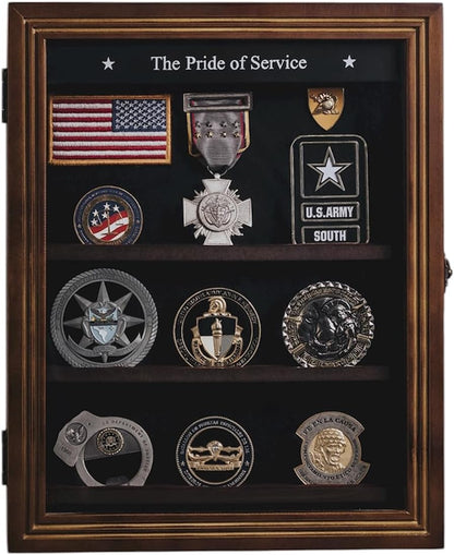 Treevers Large Challenge Coin Display Case - Pride of Service Engraved Edition - 17-Slot Military Shadow Box for Army, Navy & Police - Solid Wood Cabinet with Lockable Crystal-Clear Door & Wall Mount