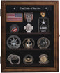 Treevers Large Challenge Coin Display Case - Pride of Service Engraved Edition - 17-Slot Military Shadow Box for Army, Navy & Police - Solid Wood Cabinet with Lockable Crystal-Clear Door & Wall Mount