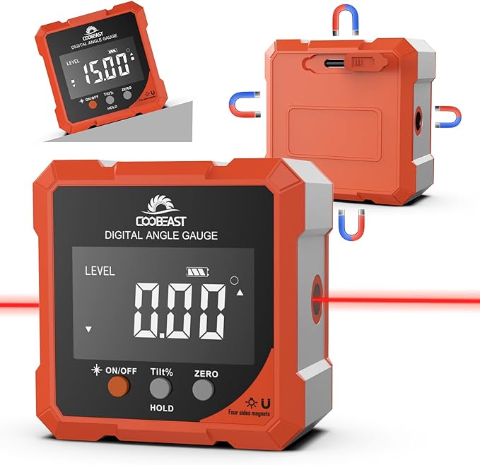 Digital Angle Finder with Laser, 4-side Magnetic Digital Angle Gauge, by Coobeast