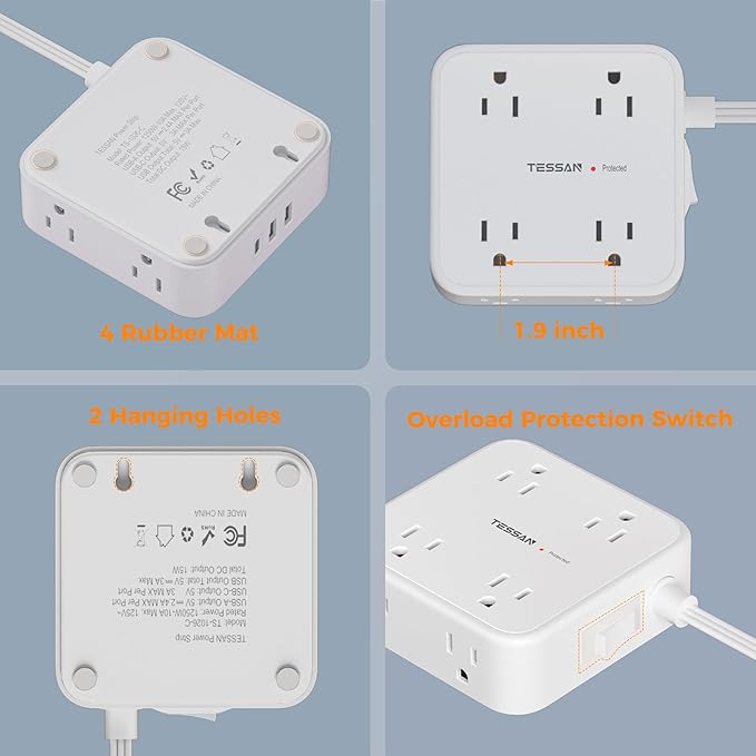 Surge Protector Power Strip, TESSAN 15 FT White Extension Cord Flat Plug - Image 7