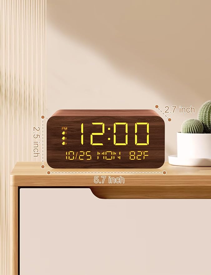 Digital Alarm Clock, with Wooden Electronic LED Time Display, 3 Alarm Settings - Image 7