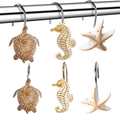 YUKUNTANG Seashell Shower Curtain Hooks, 12 Pcs Anti Rust Decorative Resin Shower Curtain Rings for Bathroom Bedroom Baby Room Decoration (Brown Seashell 5)