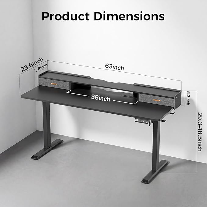 Electric Standing Desk with Drawers, 63 Inch Height Adjustable Desk with Power - Image 2