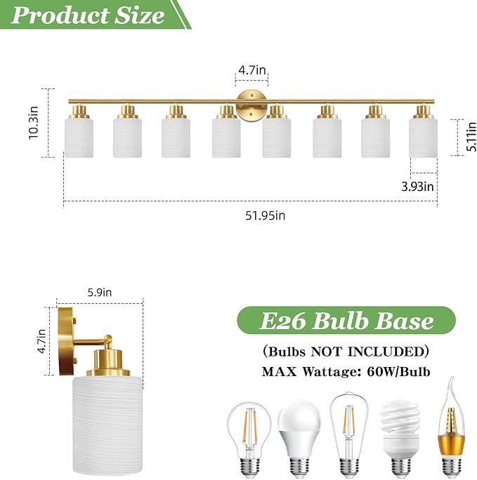 Guliaofo 8-Light Vanity Lights, Brushed Gold Bathroom Light Fixture - Image 2