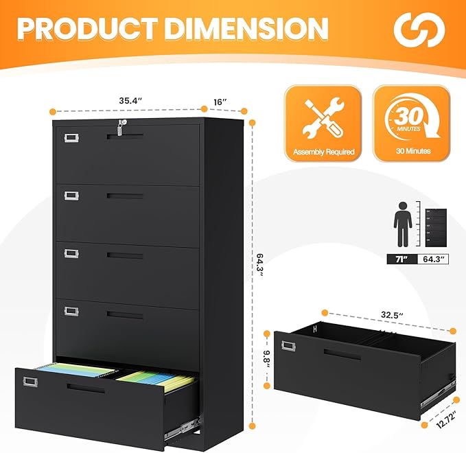 5 Drawer File Cabinets for Home Office, Metal Filing Cabinet - Image 3
