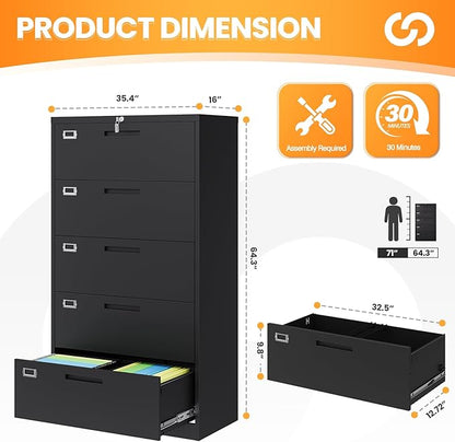 5 Drawer File Cabinets for Home Office, Metal Filing Cabinet - Image 3