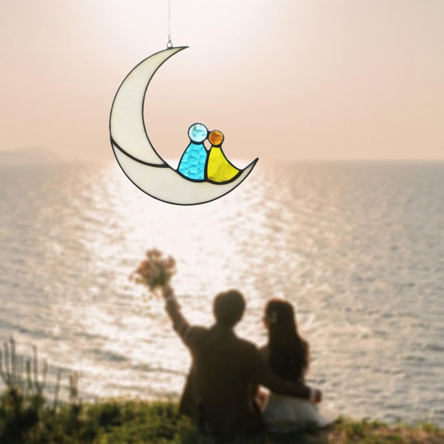 Moon Lovers Window suncatcher scrystal Stained Glass Hanging Window décor Art Tiffany Style Gift for Friends Mom Couple Lovers