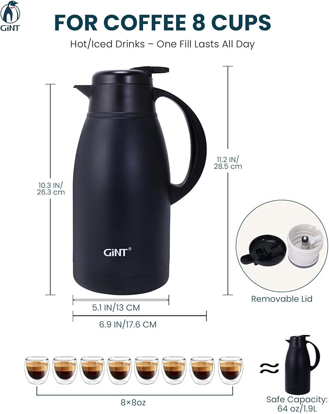 GiNT Stainless Steel Thermal Coffee Carafe, Double Walled Vacuum Water and - Image 3