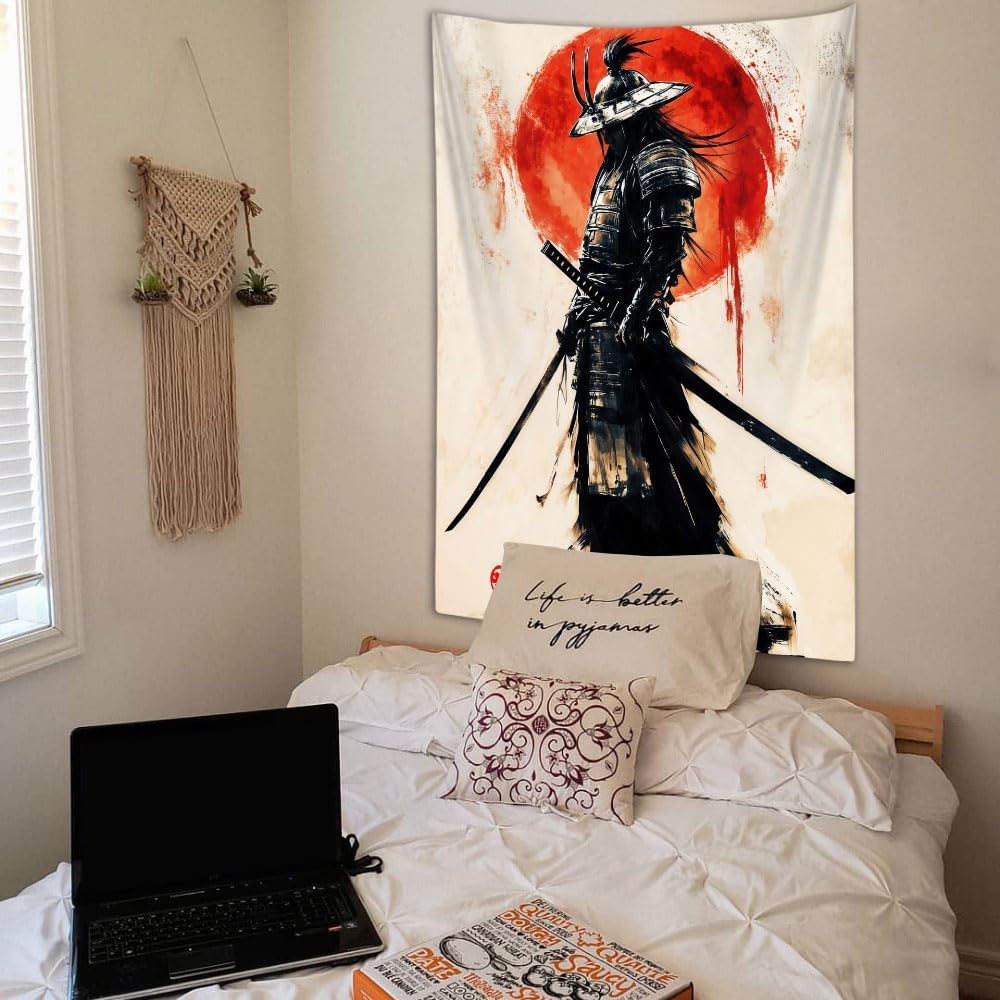 Sanzugh Anime Japanese Samurai Tapestry, Cool Japan Black and Red Sun Art Tapestries Wall Hanging for Men Boys Bedroom Decor 40X60 Poster
