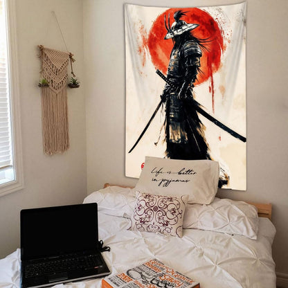 Sanzugh Anime Japanese Samurai Tapestry, Cool Japan Black and Red Sun Art Tapestries Wall Hanging for Men Boys Bedroom Decor 40X60 Poster