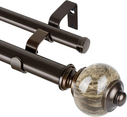 KAMANINA Double Curtain Rods for Windows 72 to 144 Inch, Adjustable, Bronze | Heavy Duty 1 Inch, Adjustable, Long Dual Drapery Rod for Living Room, Bedroom, Easy Install, Decorative Marbled Finials