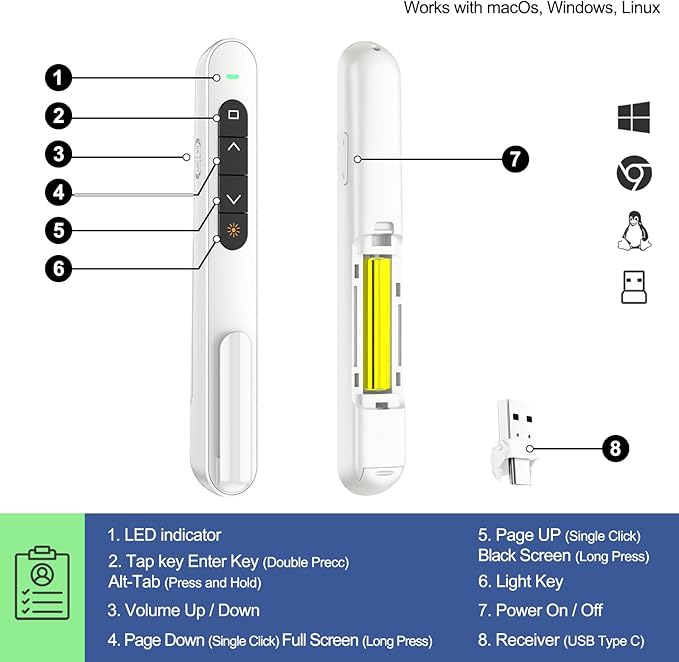 QUI Presentation Clicker for PowerPoint, RF 2.4GHz USB C Wireless Presenter - Image 4