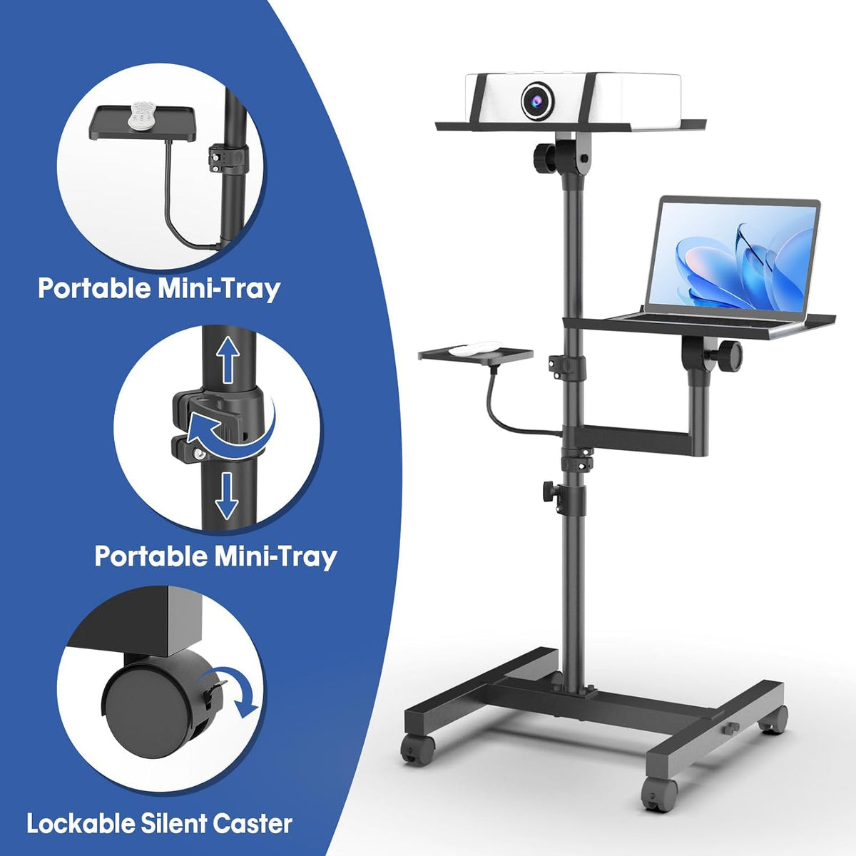 Projector Stand, 2 Shelves Mobile Laptop Cart with Adjustable 47" Height