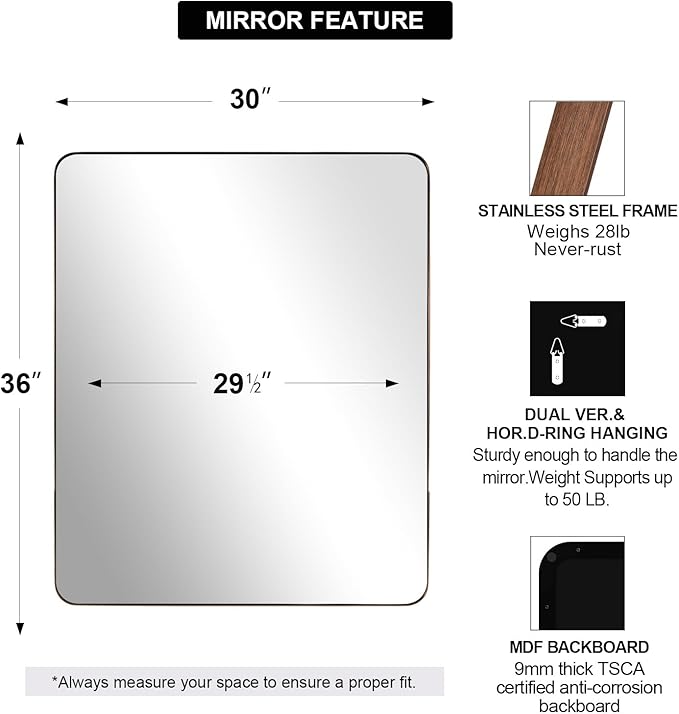 ANDY STAR Bronze Mirror for Wall, 30x36” Rounded Rectangle Bathroom Mirror - Image 3
