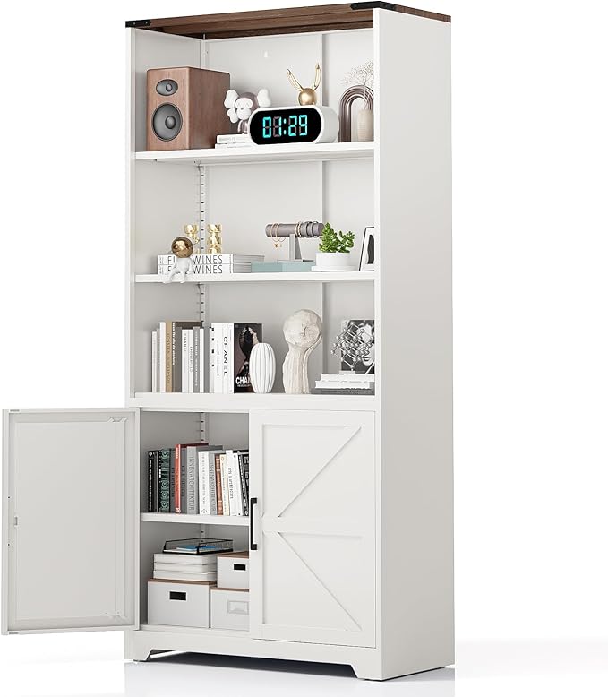 VINGLI Bookcase with Doors and Adjustable Shelves, Steel 70" Tall Bookshelf by VINGLI