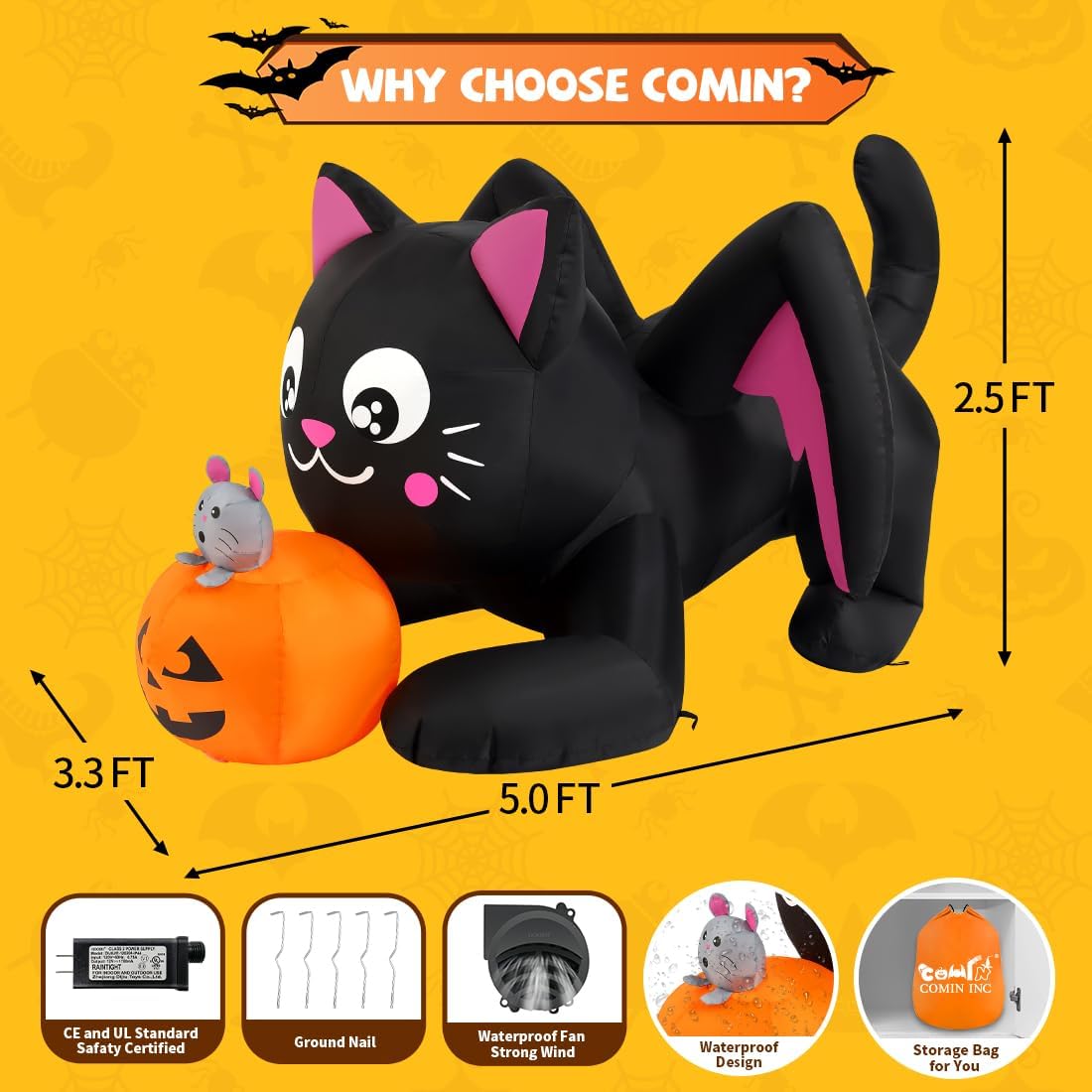 COMIN 5 FT Halloween Inflatables Cat with Pumpkin Outdoor Decorations