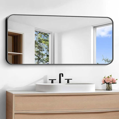 Bathroom Mirror, 48 x 24 inch Black Rectangle Wall Mirror, Metal Framed - Image 6