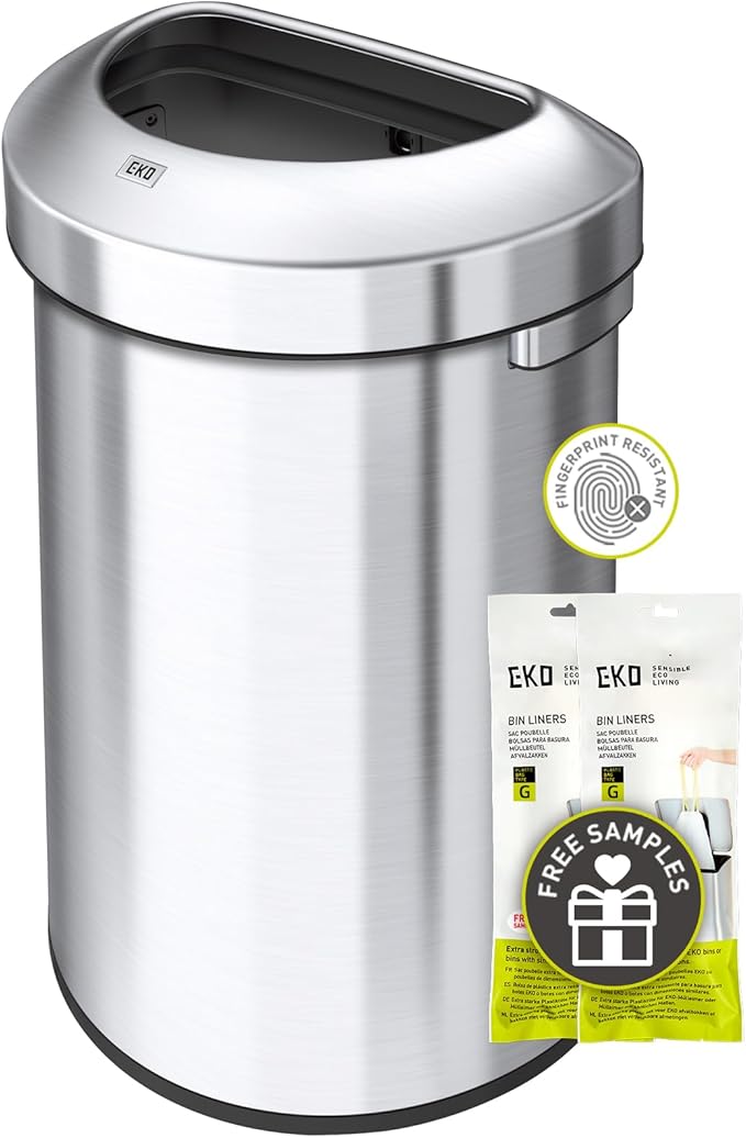 EKO Urban 21 Gallon Semi-Round Open Top Waste Bin, Stainless Steel Half Round by EKO