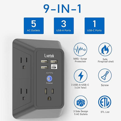 Surge Protector Outlet with 5-Multi Plug Outlet and 4 USB Ports, 3-Sided 1680J - Image 2