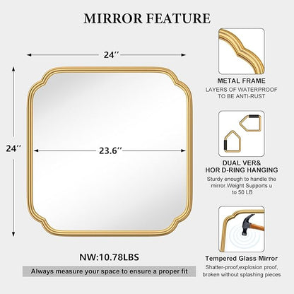 Gold Bathroom Mirror for Wall 24" x 24" Modern Rounded Corner Square Mirror - Image 4