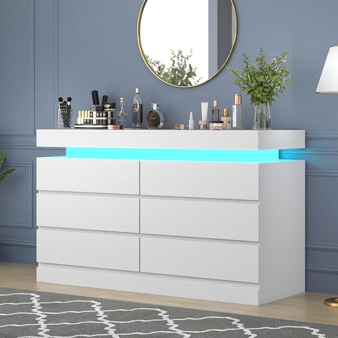 6 Drawer Dresser with Power Outlet, Dresser with LED Light, Modern Chest of - Image 8
