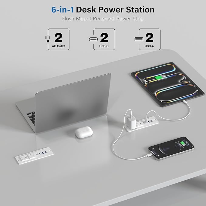 Recessed Power Strip Fast Charging Station 2 PD 65W USB C, Flush Mount - Image 4