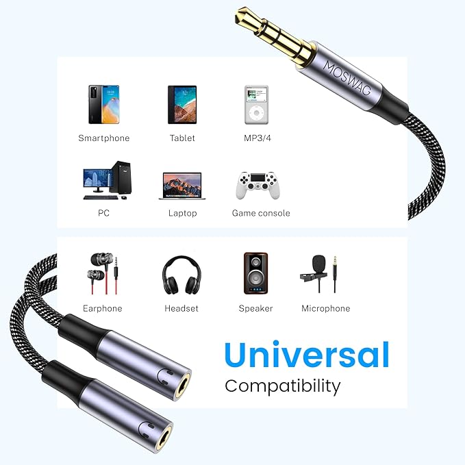MOSWAG Headphone Splitter 3.5mm Stereo to Dual 3.5mm Female Headphone Jack - Image 4