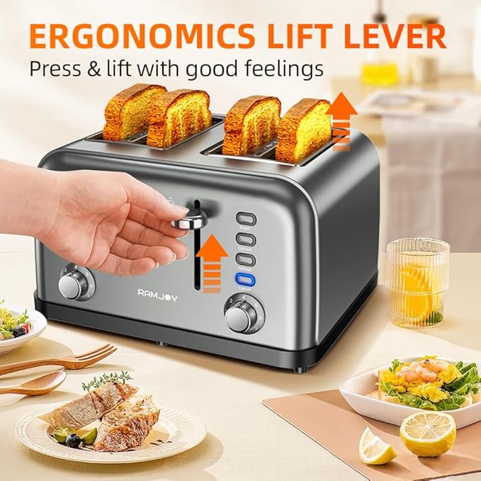 Grey Toaster 4 Slice, Dual Independent Controls, Extra Wide Slot Toasters - Image 8