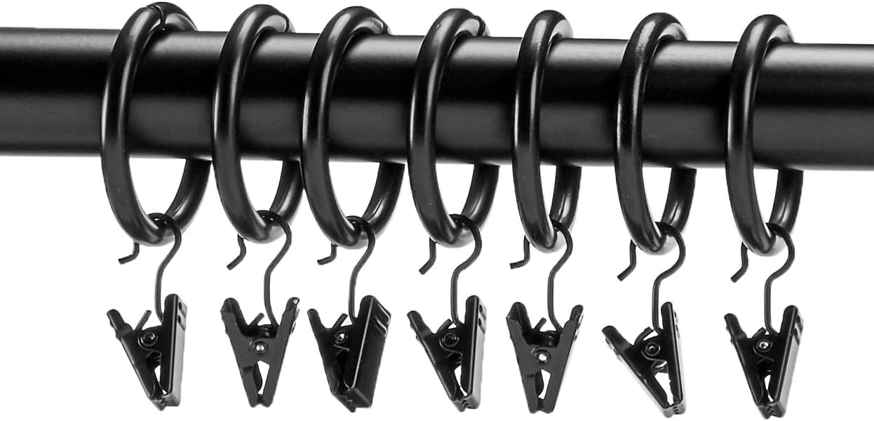 Amazon Basics Curtain Rings with Clips for Hanging Drapes, Drapery Rings for 1" Rod, Set of 7, Black
