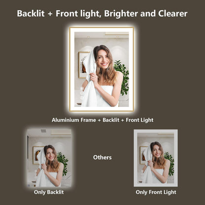 40x30 LED Bathroom Mirror with Lights, Gold Framed Lighted Mirror | Backlit and Front light, Anti-Fog, 3 Color Dimmable, Memory, Tempered Glass, IP54 Waterproof, UL Listed