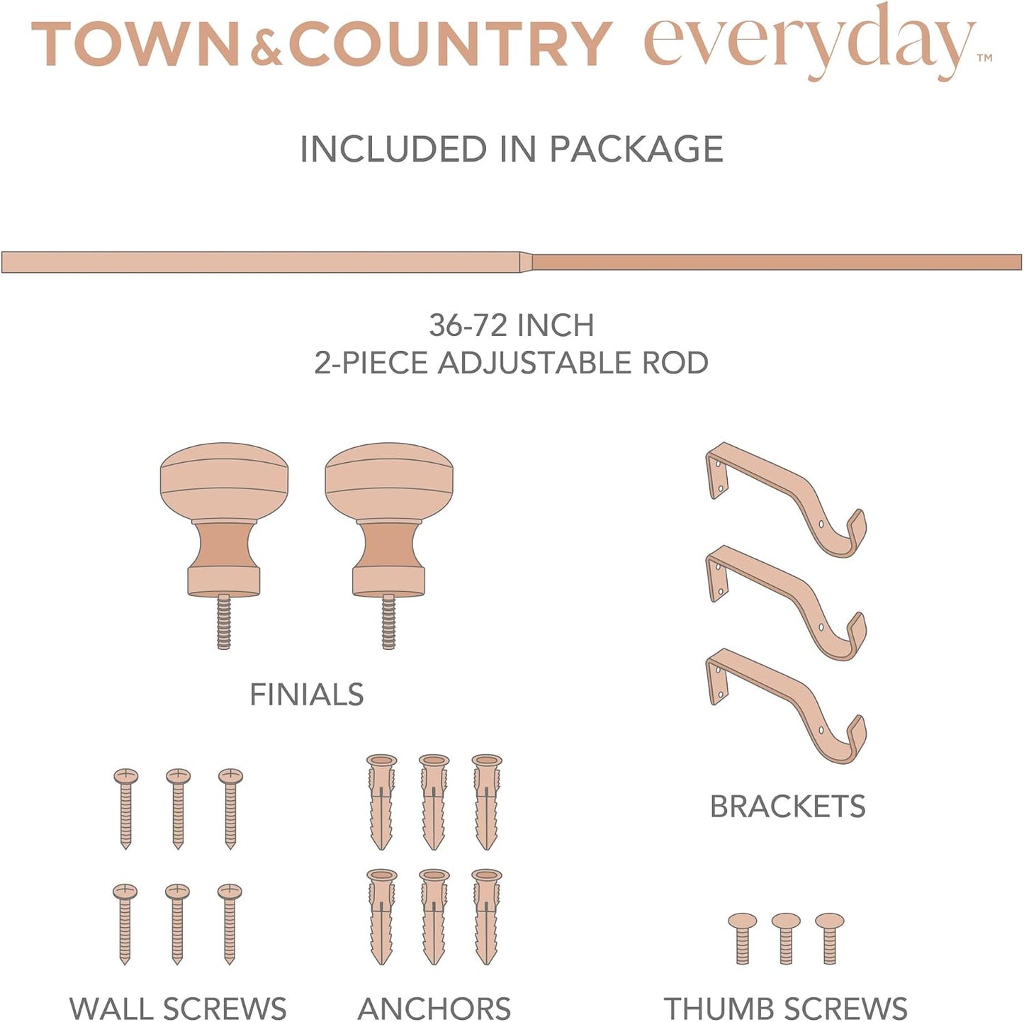 TOWN & COUNTRY EVERYDAY Modern Rounded Cap Single Indoor Curtain Rod and Finial Set, Easy Install Wall Mount, Matte Black, Adjustable 36”-72”