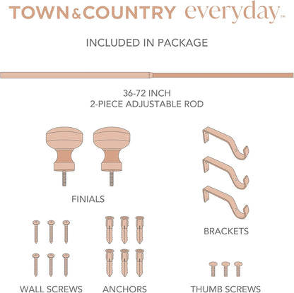 TOWN & COUNTRY EVERYDAY Modern Rounded Cap Single Indoor Curtain Rod and Finial Set, Easy Install Wall Mount, Matte Black, Adjustable 36”-72”