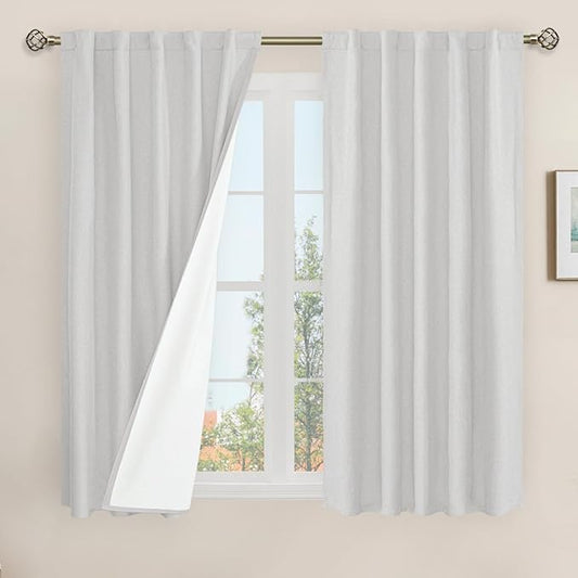 LAMIT 100% Blackout Short Linen Curtains, 48 Inch Length Linen Textured Thermal by LAMIT