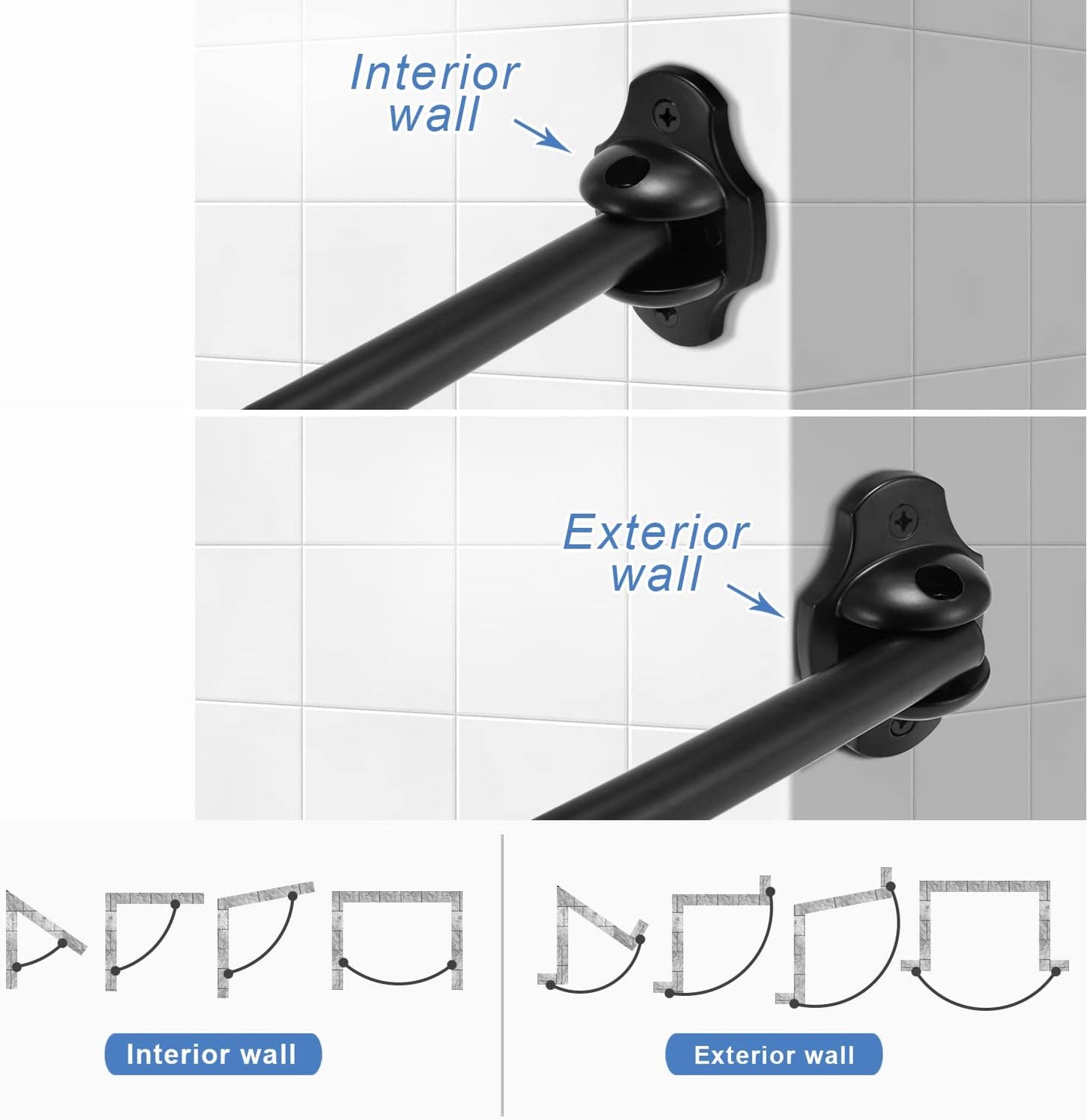 Curved Shower Curtain Rod, TENOVEL Round 42-73 Inches Shower Rods for Bathroom Adjustable, Rounded Bowed Stainless Steel Shower Rods Customized for for Bathtub, Stall, Need to Drill-Matte Black